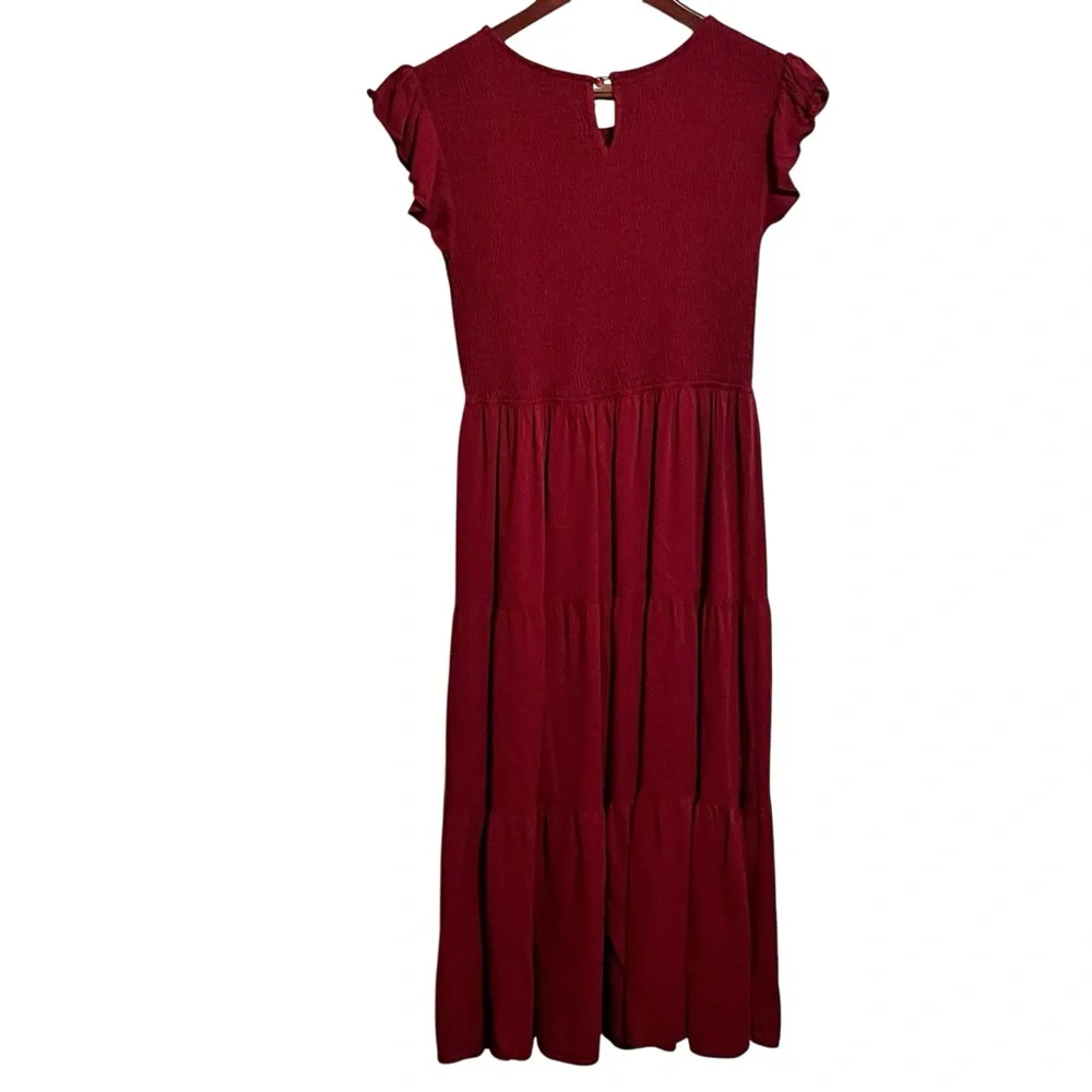 Kyl Dress Smocked Summer Dress Tiered Midi Flutter Sleeve Red Size Large - Picture 2 of 7